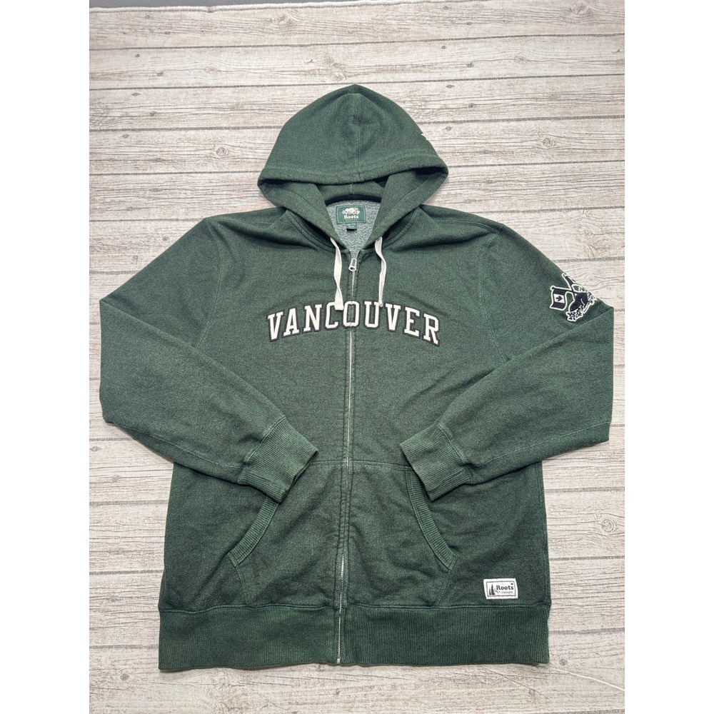 Roots Canada Hoodie Mens 2XL Green Vancouver Beaver Logo Fleece Lined Sweatshirt
